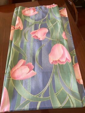 Floral Pink Tulip Shower Curtain Panel - Green & Blue Background